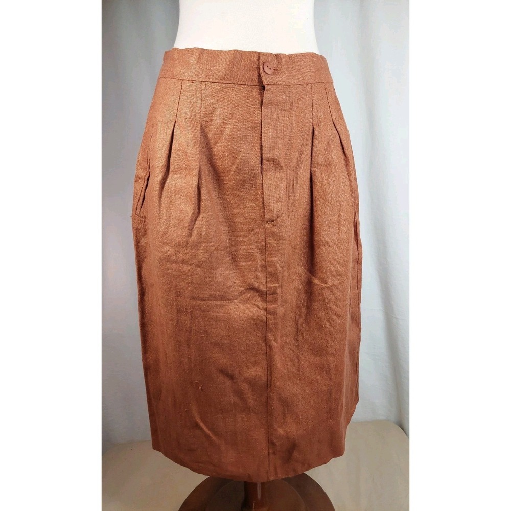 Vintage Linen Midi Skirt Burnt Orange Women High Waist Pleated USA Minimalist
